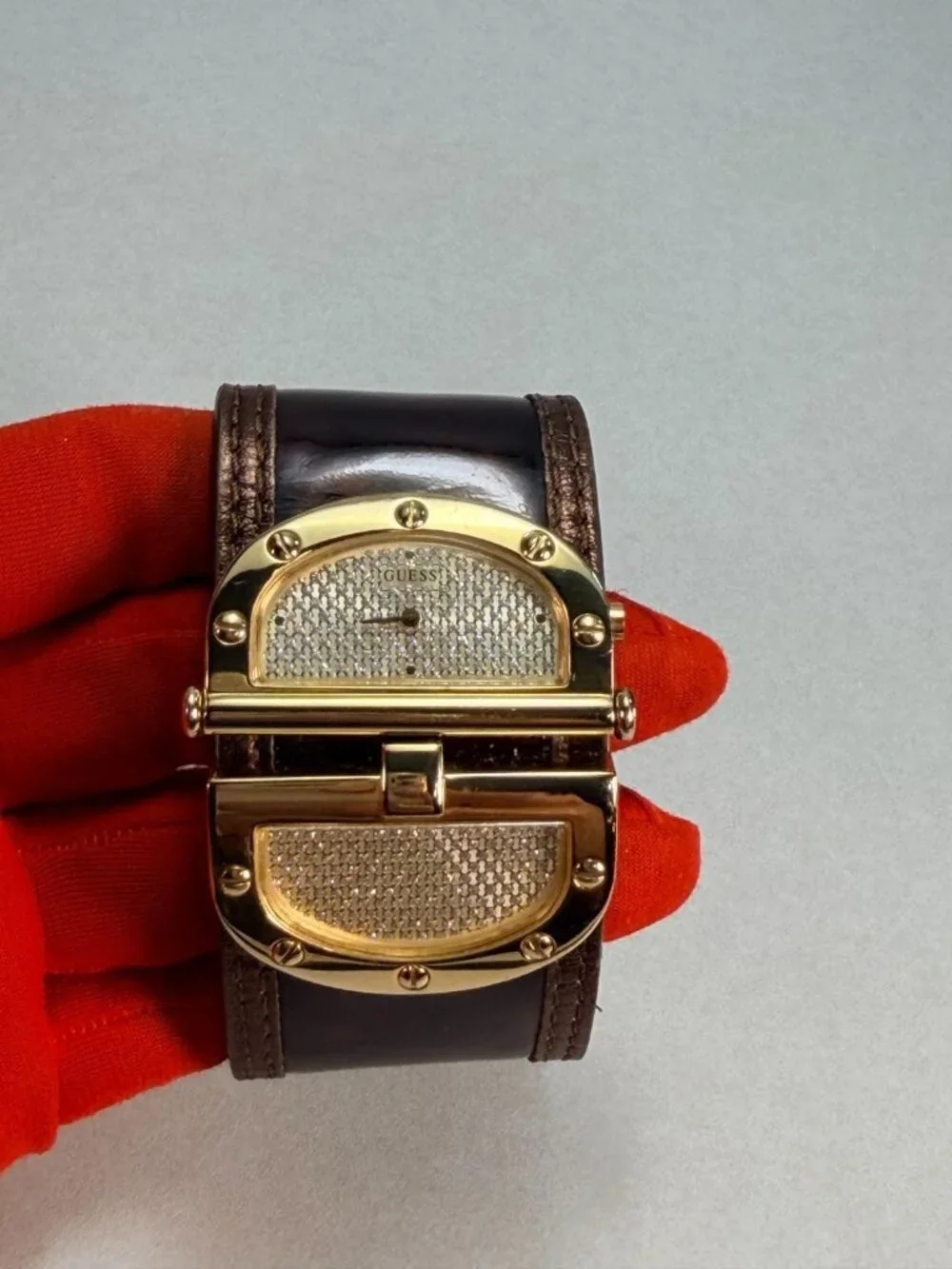 Guess Wide Cuff Watch Brown Leather Gold Tone Statement Watch